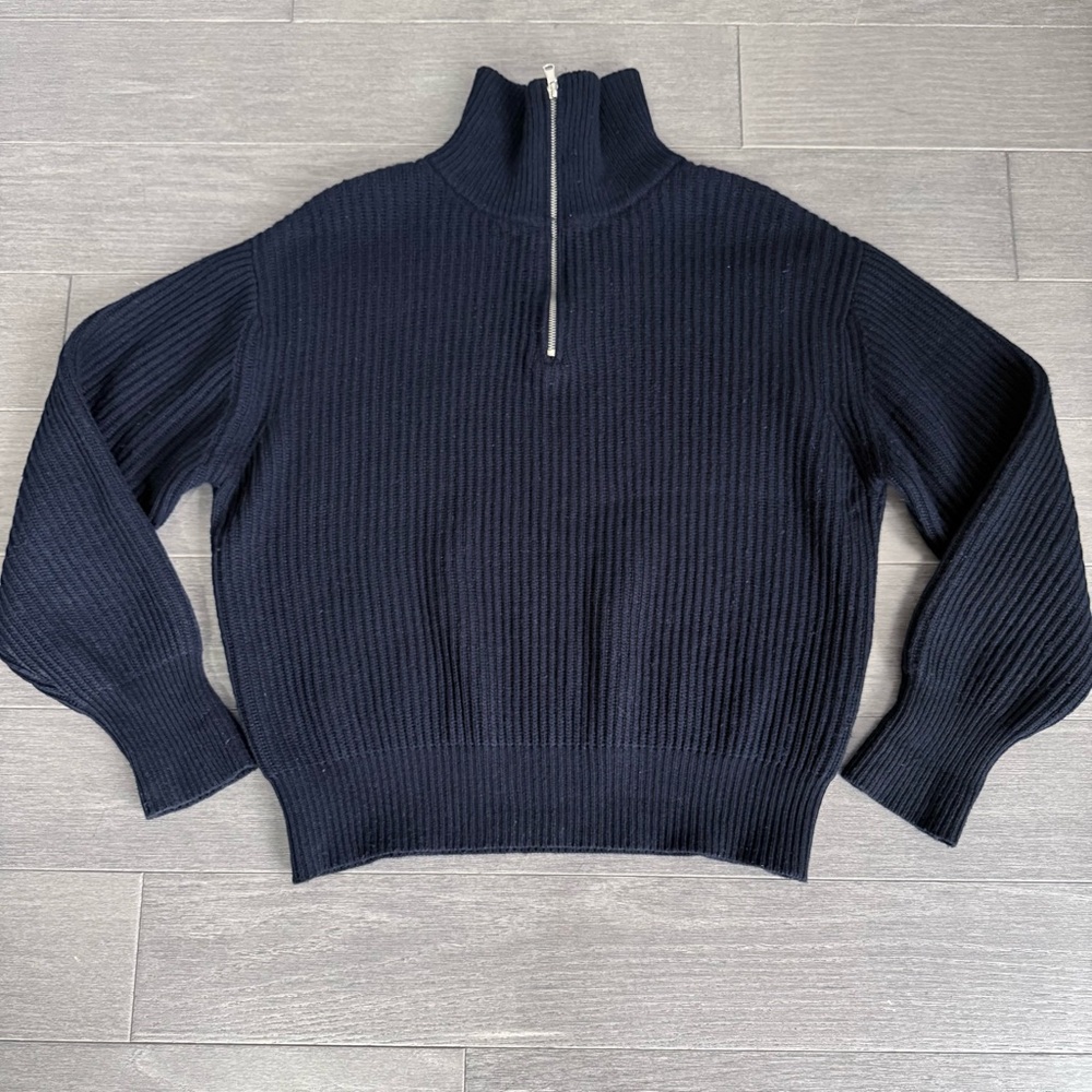 Dunst Half Zip Ribbed Wool Sweater Navy S Chunky Knit Minimalist Quiet Luxury - Picture 11 of 16